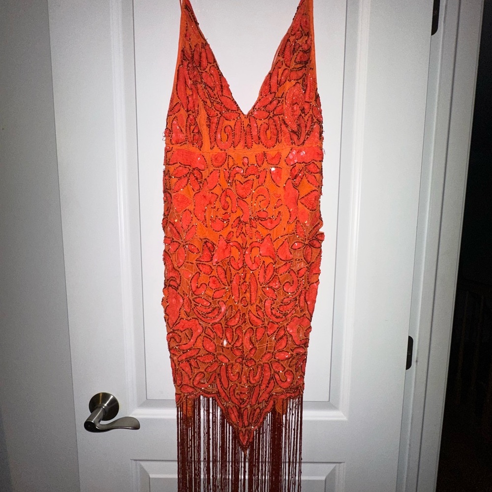 ASOS Vibrant Orange Backless Dress with Fringe